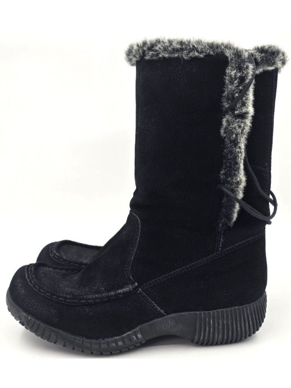 Old Navy Faux Fur Lined Winter Boots Back Lace Moc Toe Black Faux Suede Women 9